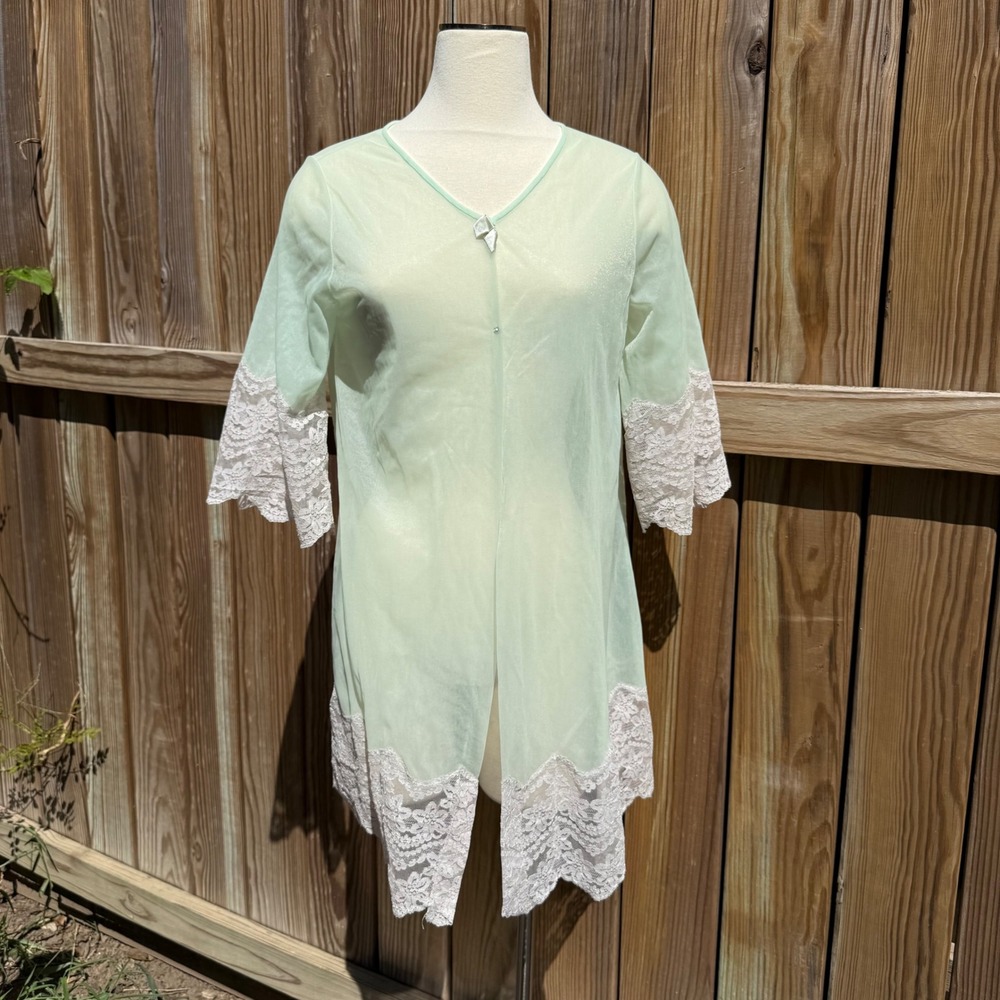 Vintage Sears Mint Lace Trim Robe Sheer Lightweight Cover Up Lingerie Glam